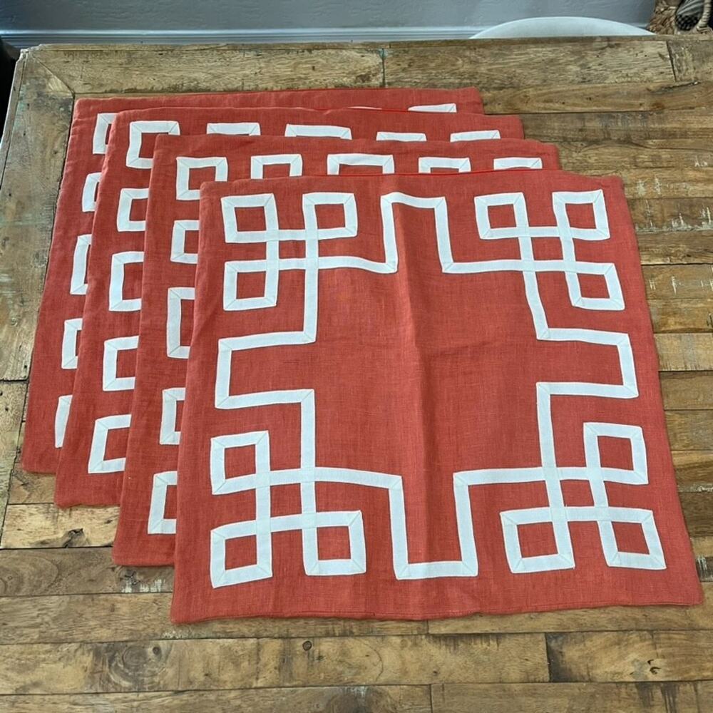 Barclay Butera Breeze Scarlet Linen Greek Key Pillow Covers 21” X 21”